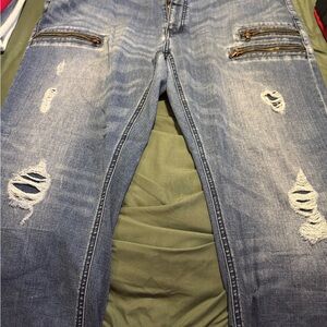 Distressed Blue Jeans with Zipper Details